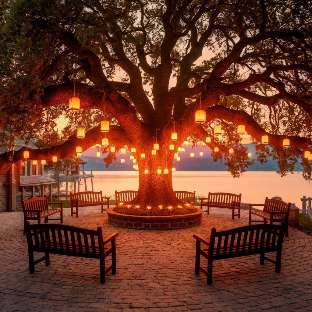 Charming Lakeside Village Square at Sunset