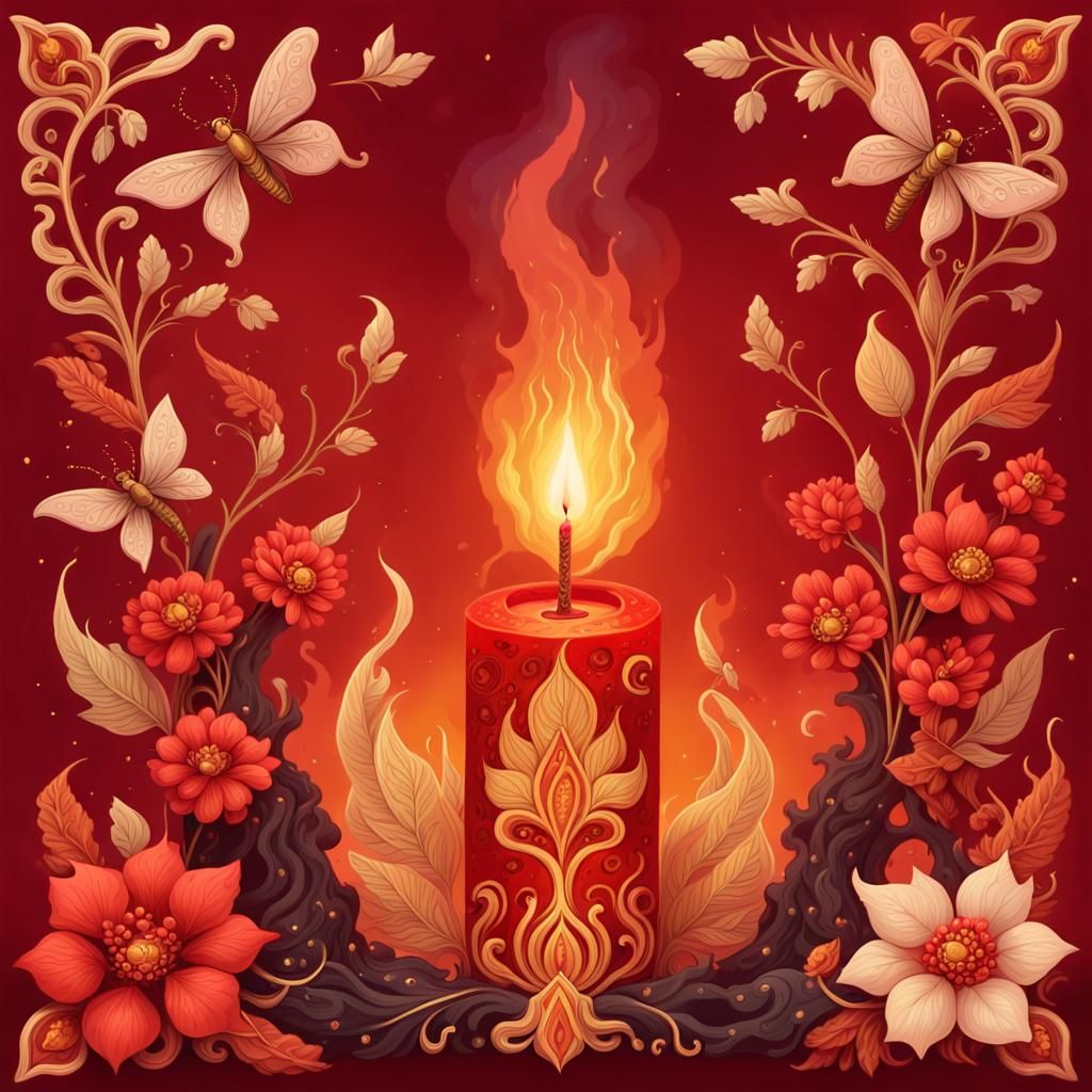 Palekh Style Candle Inferno with Golden Outlines