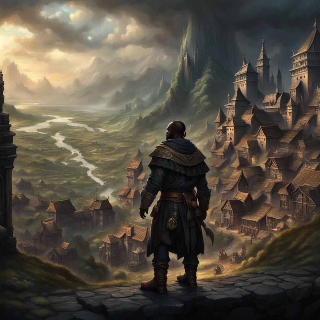 Dark Fantasy Halfling Merchant in Majestic Digital Landscape