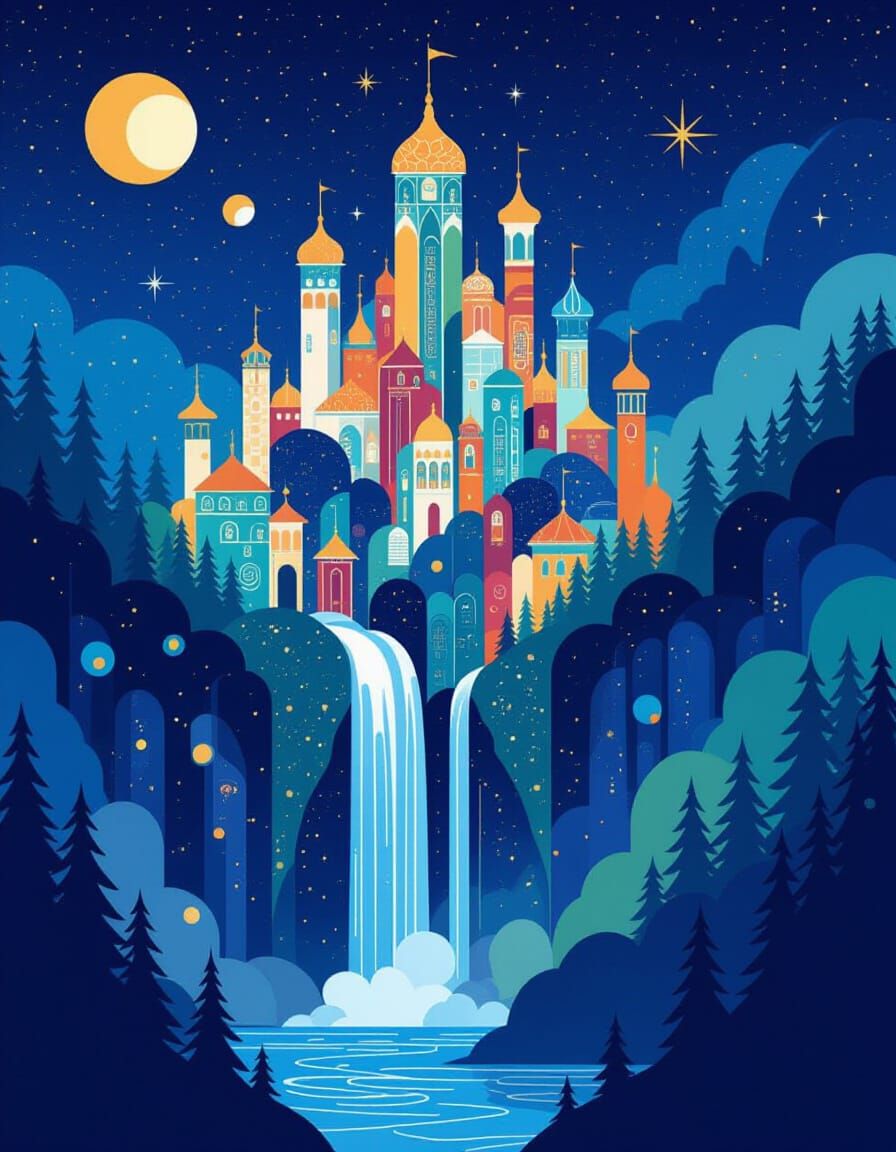 Geometric Waterfall in Elven Forest at Night