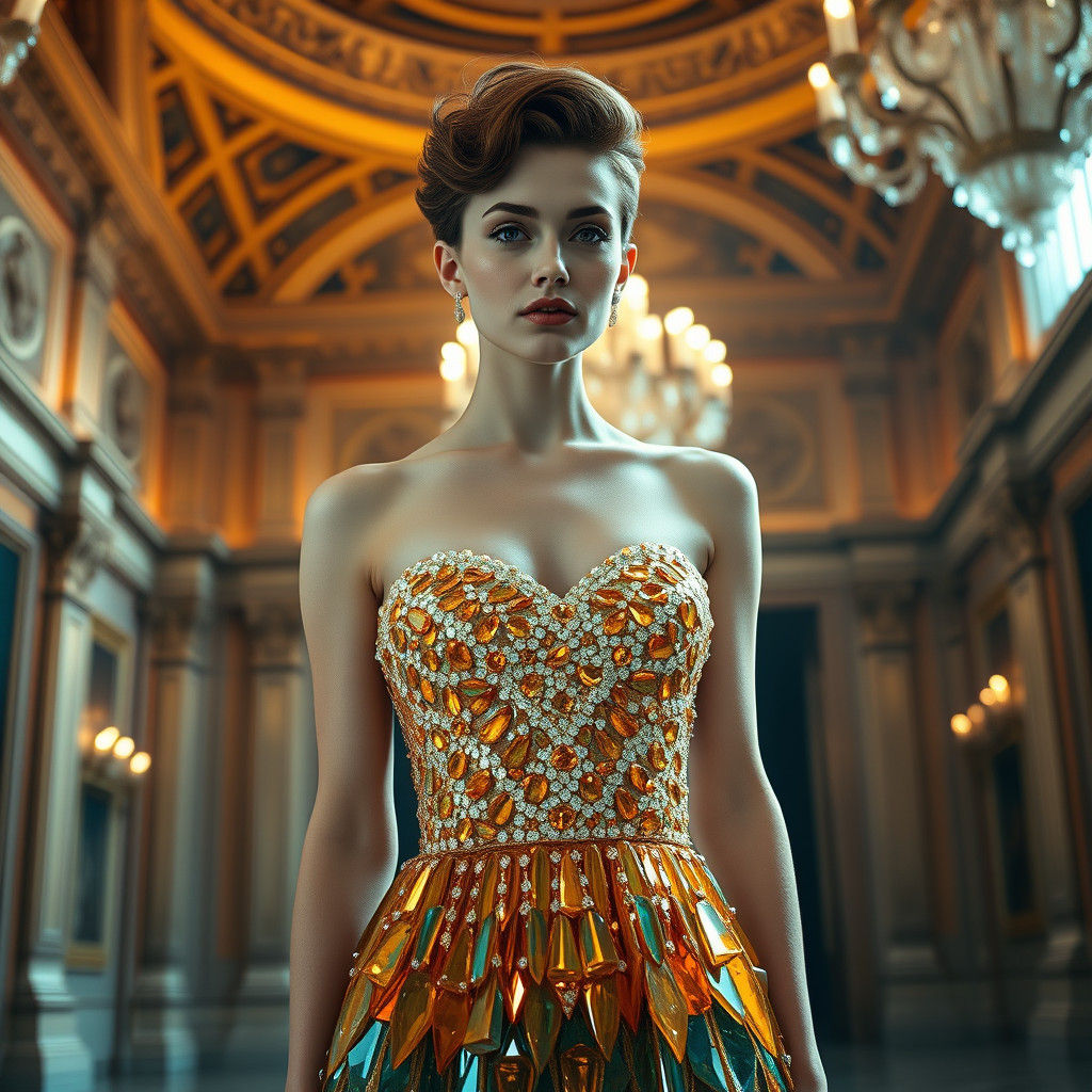 Woman in Crystal Dress in Opulent Ballroom