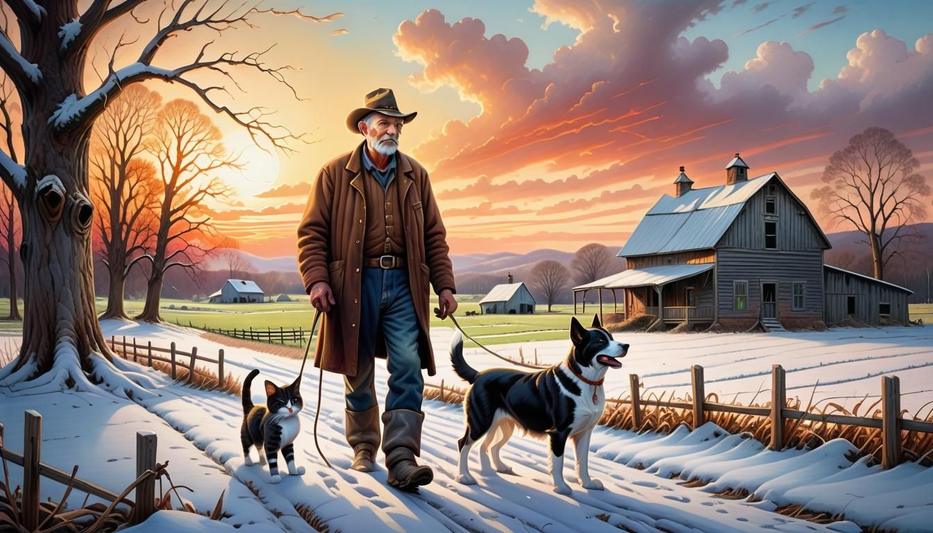 Farmer, Dog, Cat in Snowy Field: Oil Painting