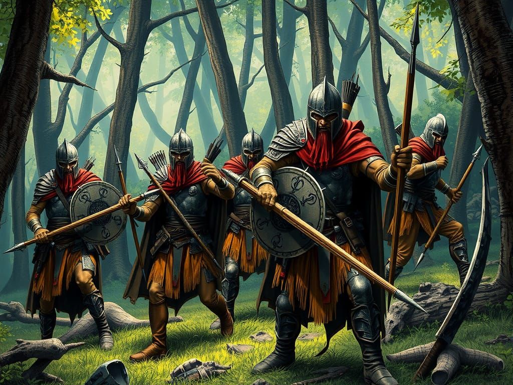Batannian Warriors in Forest, Realistic Medieval Art