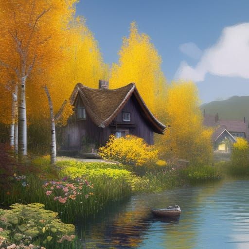 Cottagecore Lakeside Village in Autumnal Splendor