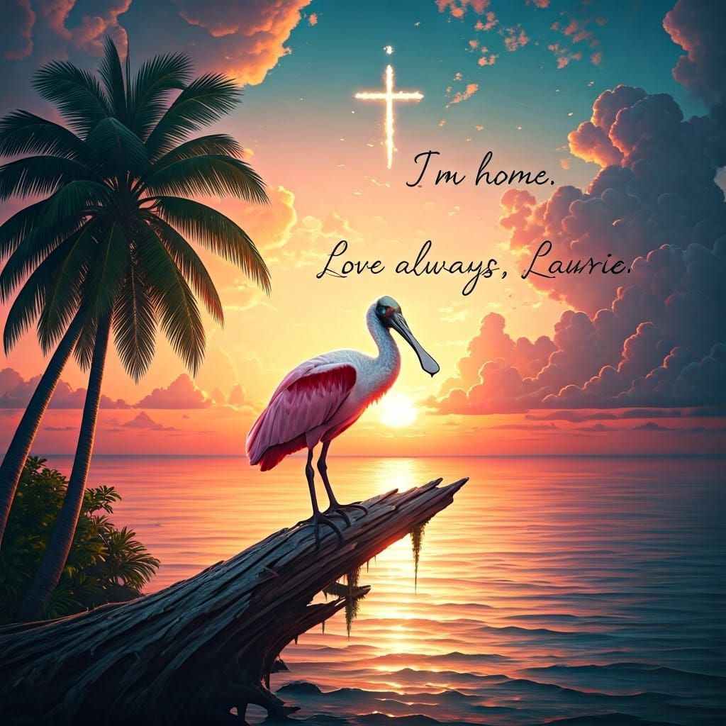 A silhouette of a Roseatte spoonbill next to a tropical sea ...