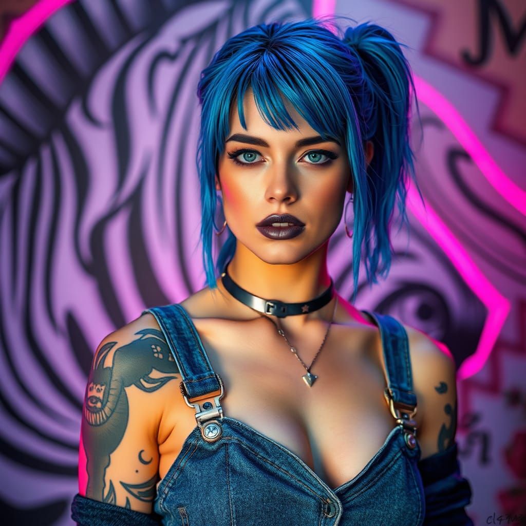 Cyberpunk Woman with Neon Accents and Tattoos
