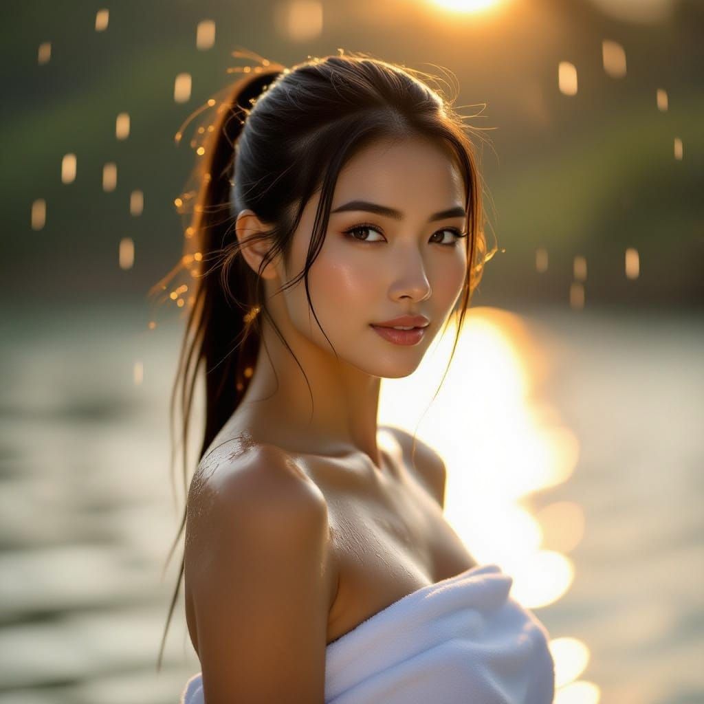 Photorealistic Asian Woman with Wet Hair in Golden Hour Ligh...