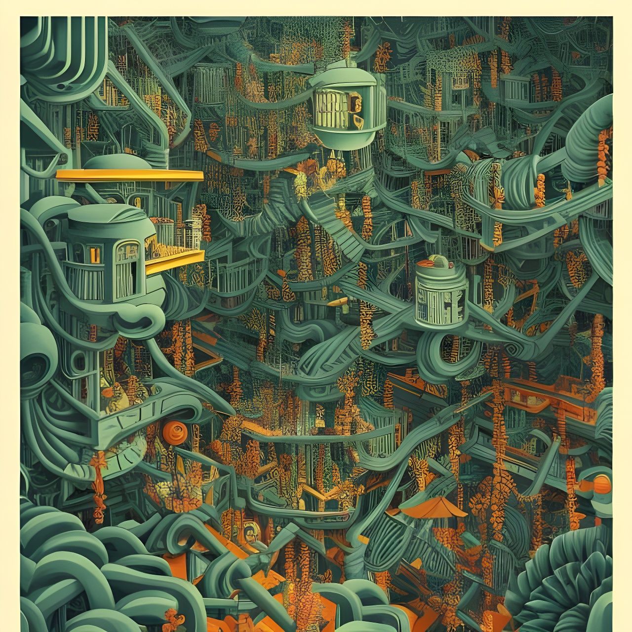 Surreal Jungle Factory in Pen and Ink Style