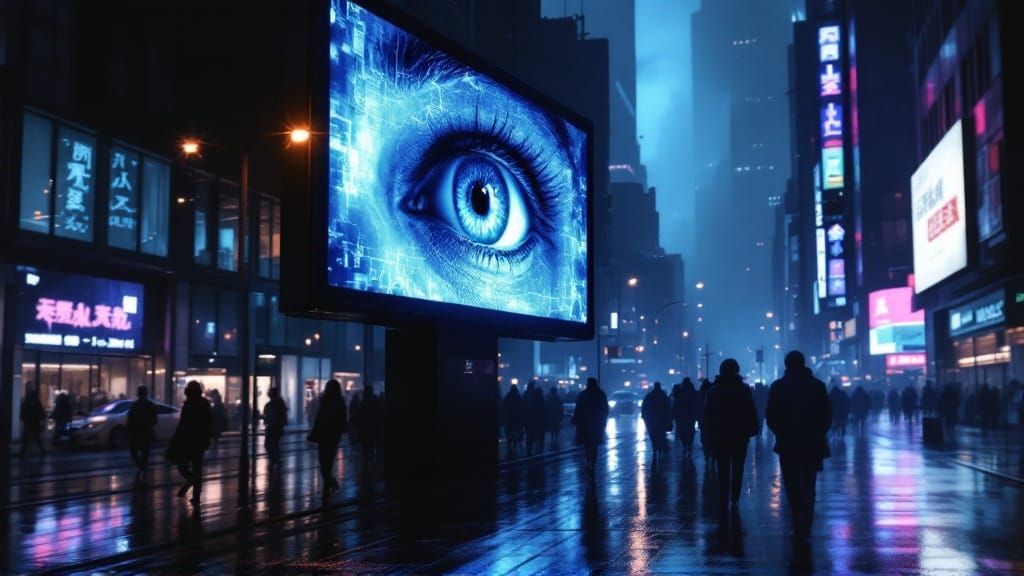 Eerie Digital Eye Dominates City Street at Night