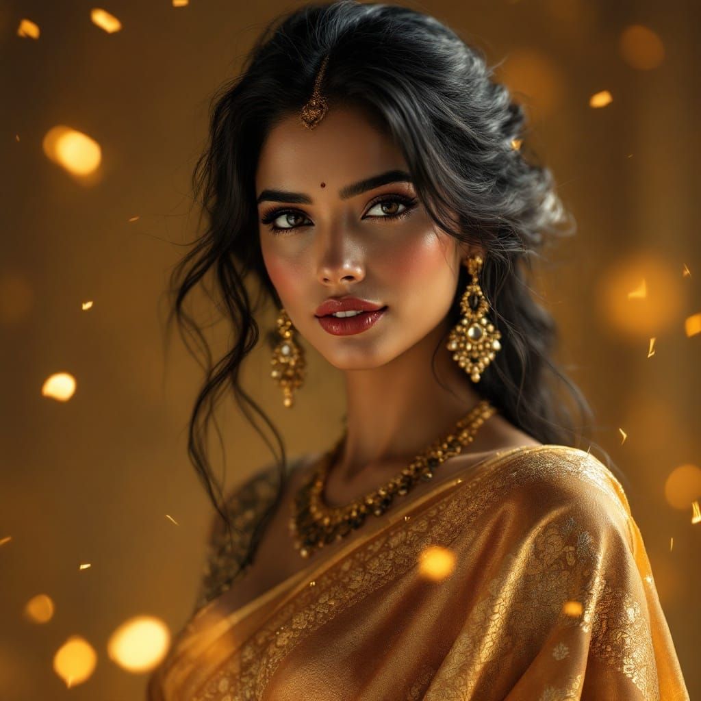 Indian Beauty in Luxurious Saree with Golden Accents