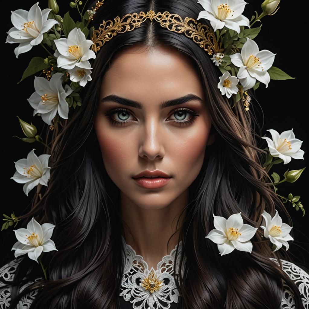 Beautiful Woman with Dark Flowers in Photorealistic Style