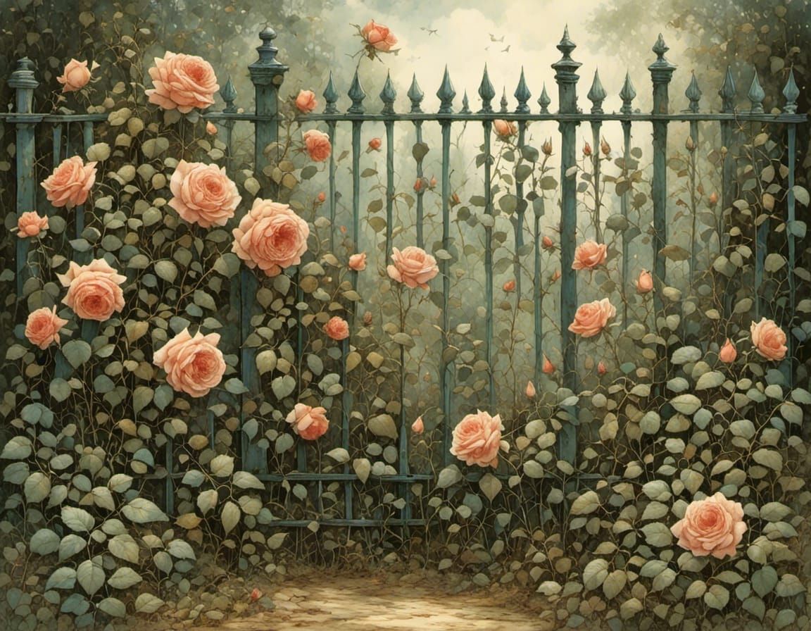 Ornate Rusty Fence with Climbing Rose