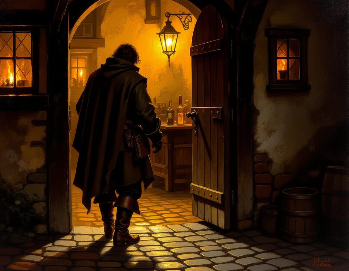 Weary Traveler Enters Tavern in Baroque Style