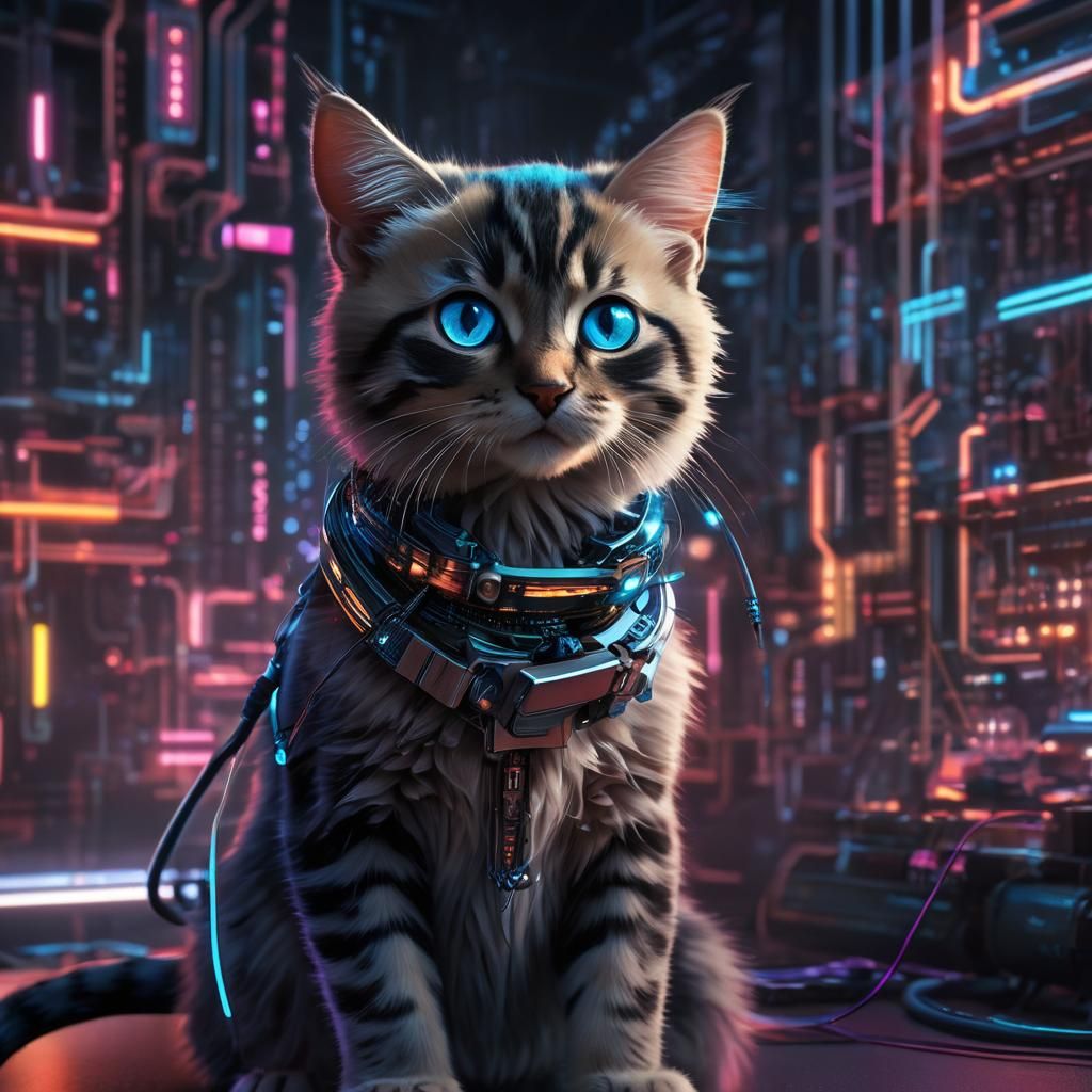 Cyberpunk Kitten Portrait in Futuristic Lab