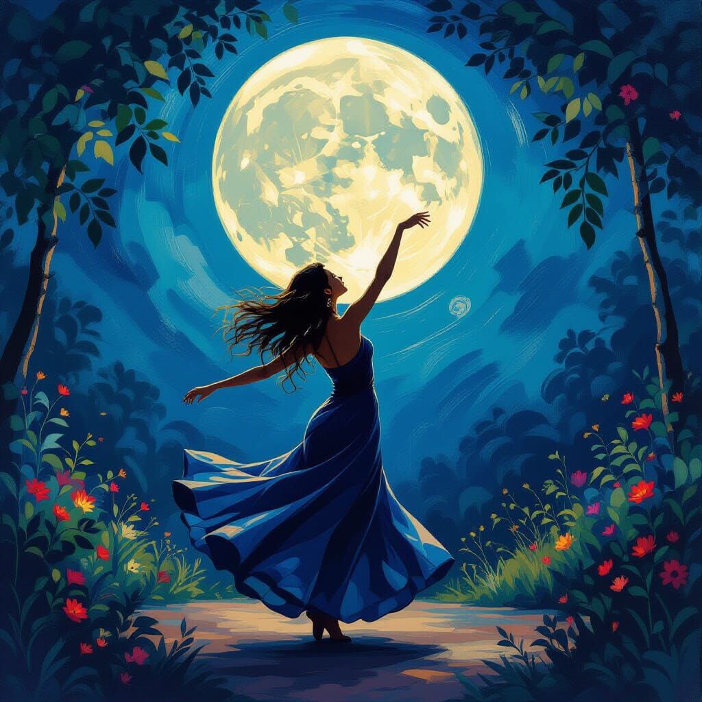 Woman Dancing Under Moon in Abstract Expressionist Style