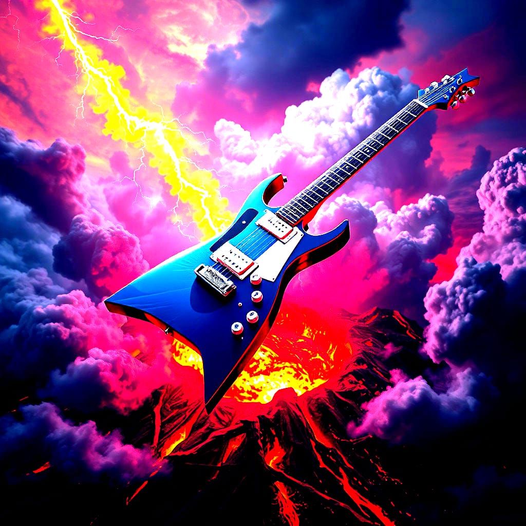 Electric Guitar Over Volcano in Detailed Digital Art