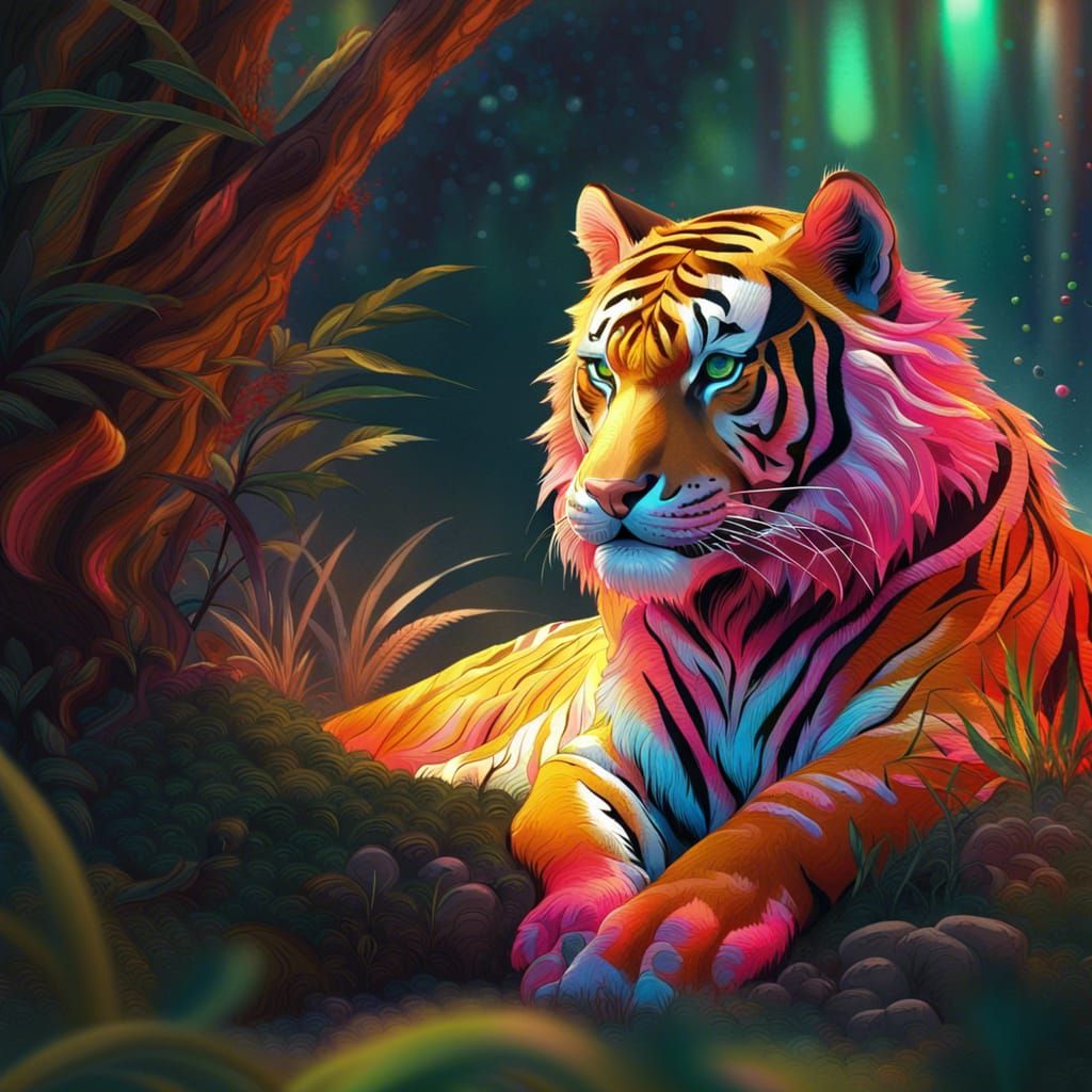 Colorful Tiger with Glittering Hair in Nature