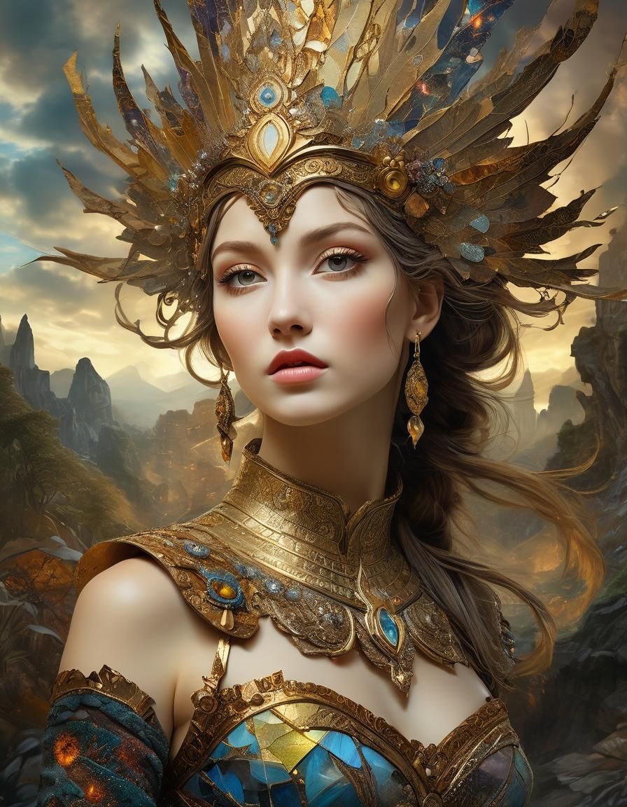 Abstract Mosaic of Warrior Woman in Fantasy Landscape