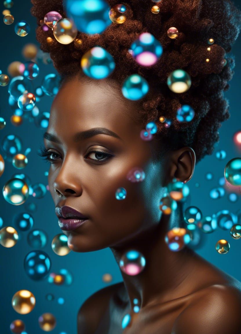 Iridescent Bubbles Surround a Woman in Dreamy Portrait