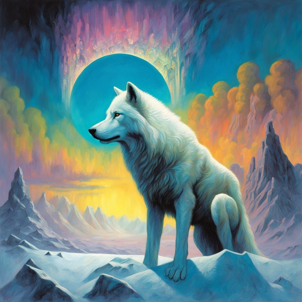 Majestic Arctic Wolf Amidst Vibrant Aurora Borealis in Neon-...