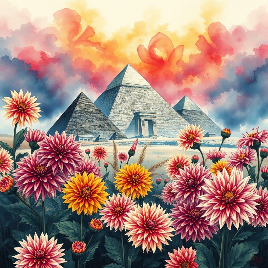 Dahlias Around Giza in Chinese Ink Wash Style