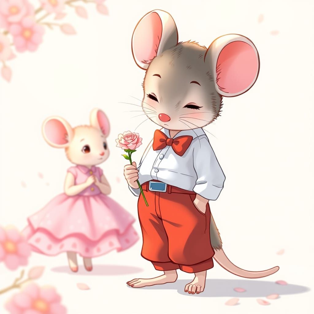 Shy Mouse Boy with Flower, Anime Style