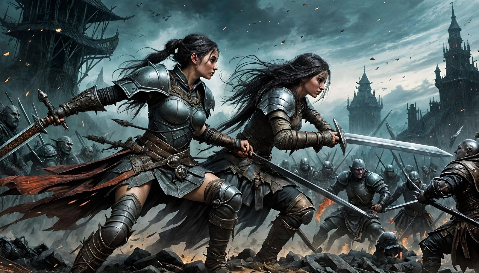 Medieval Woman Warrior Battles Orc in Dark Fantasy Style