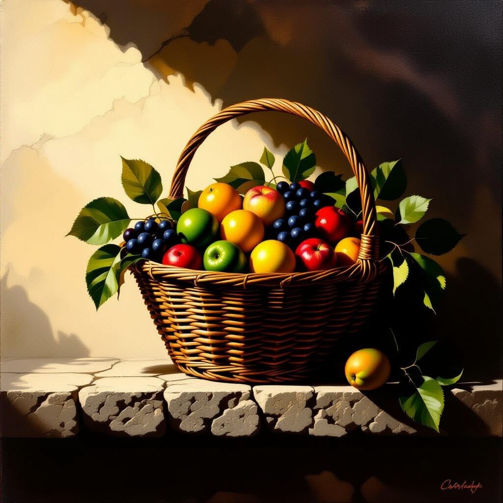 Caravaggio-Style Still Life: Overflowing Fruit Basket