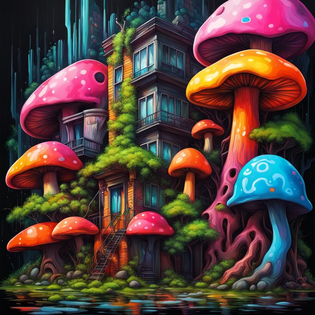 Psychedelic Mushroom Building in Graffiti Art Style