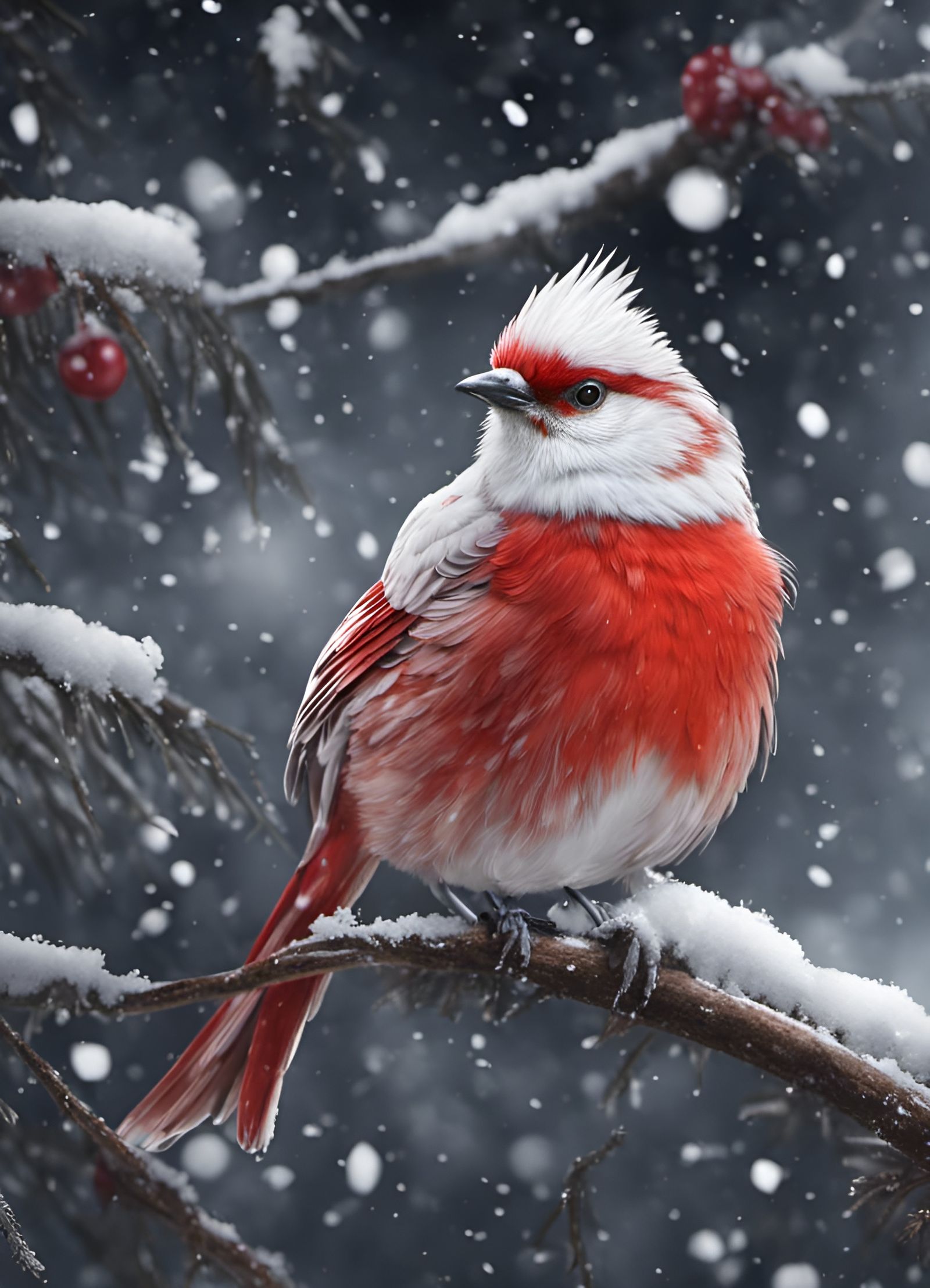 Red and White Bird Portrait in Winter Snow