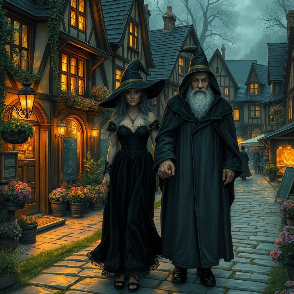 Magical Village Stroll: Witch and Warlock at Dusk