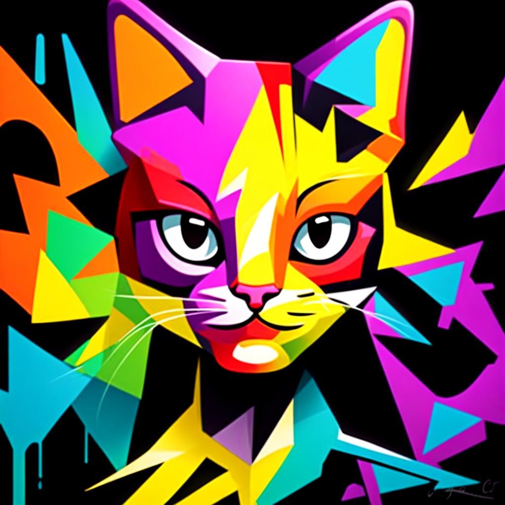 Cubist Cat Face in Bright Graffiti Art Style
