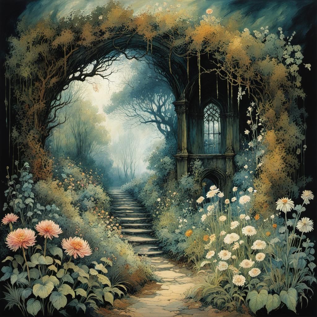 Blooming Garden Through Wall Hole: Detailed Art