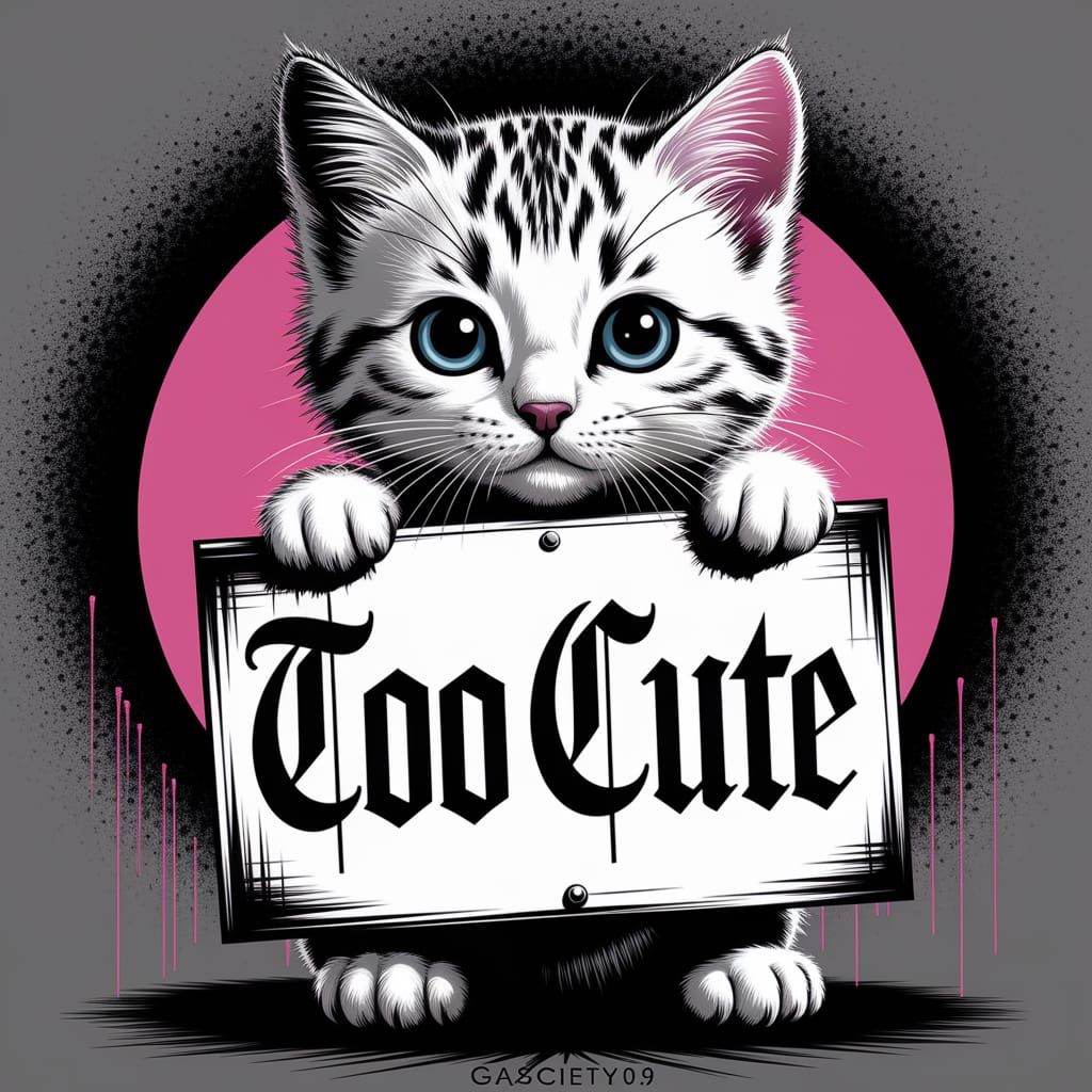 Cute Kitten Holding "Too Cute" Sign in Gothic Letters