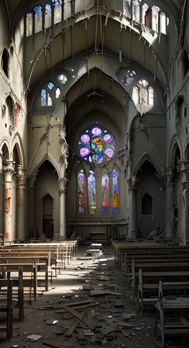 Abandoned Cathedral Interior with Broken Stained Glass