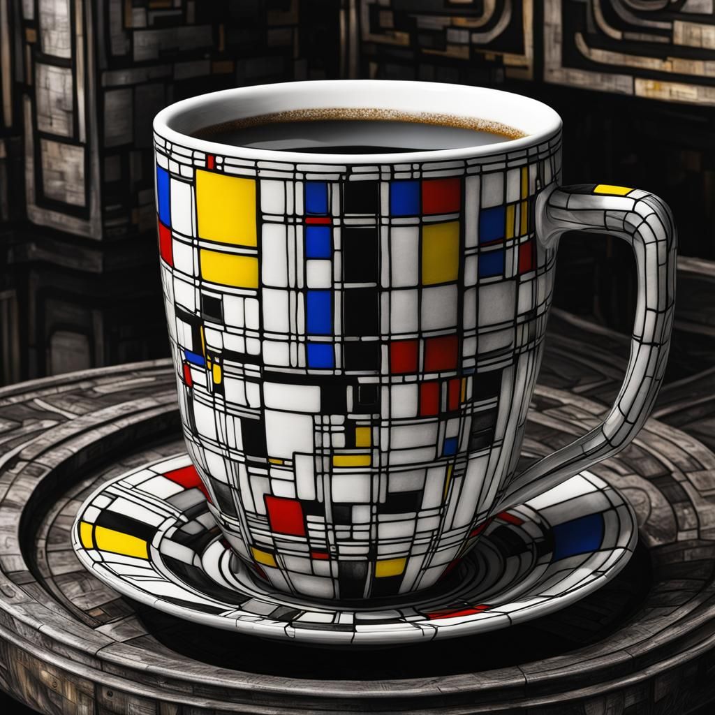 Surreal Coffee Cup Painting in Mondrian Style