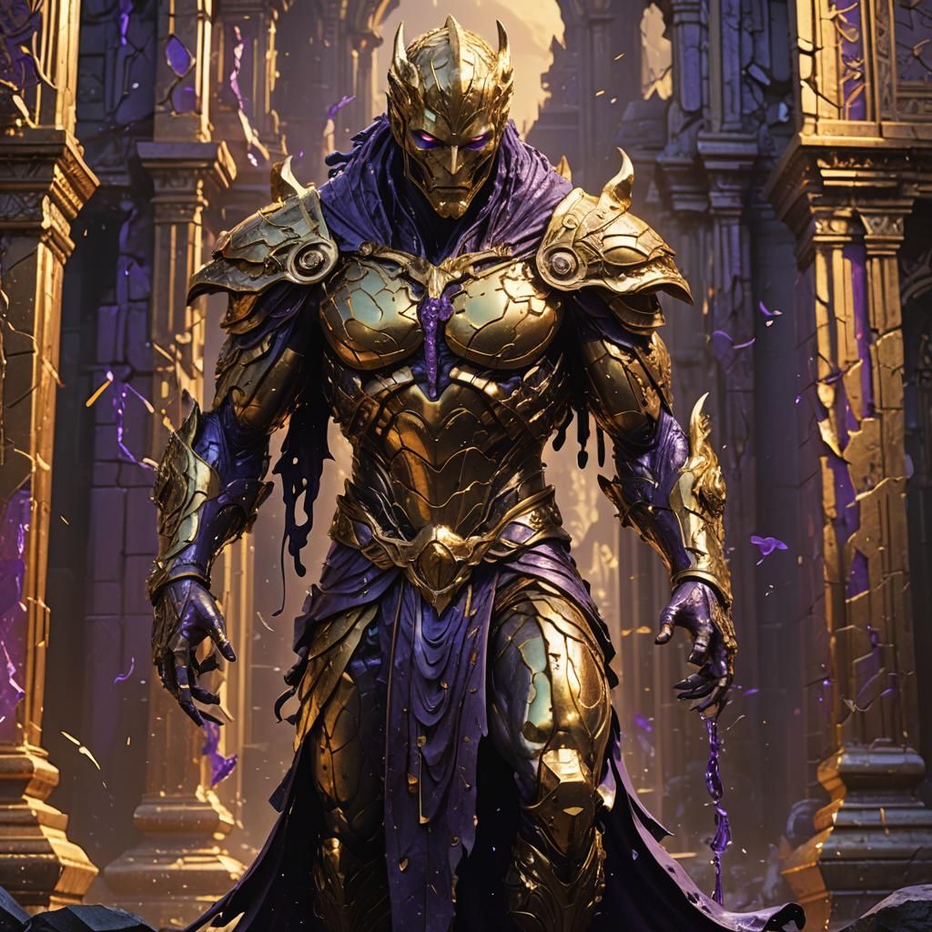 Cracked Golden Statue Leaking Purple Blood