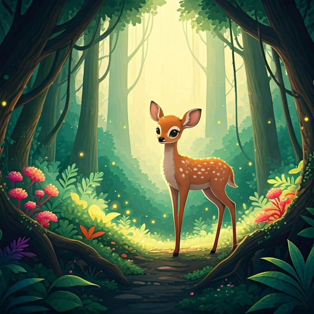 Whimsical Fawn in Glowing Forest, Watercolor Anime Style