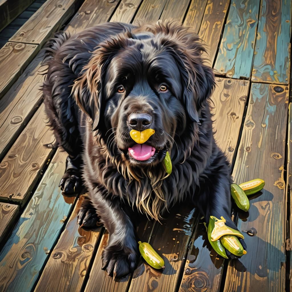 Newfoundland Dog's Whimsical Pickle Snack: Digital Art