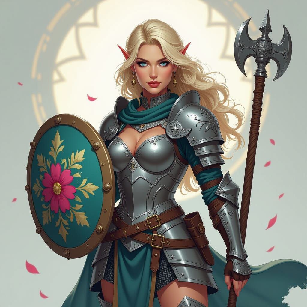 Dynamic Half-Elf Paladin Woman with Flail and Shield