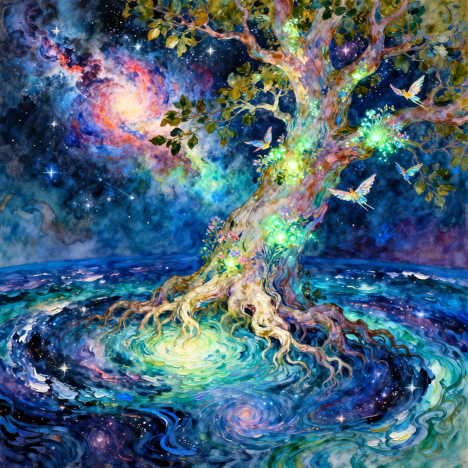 Cosmic Tree Reaching Through Nebulae in Art Nouveau Style