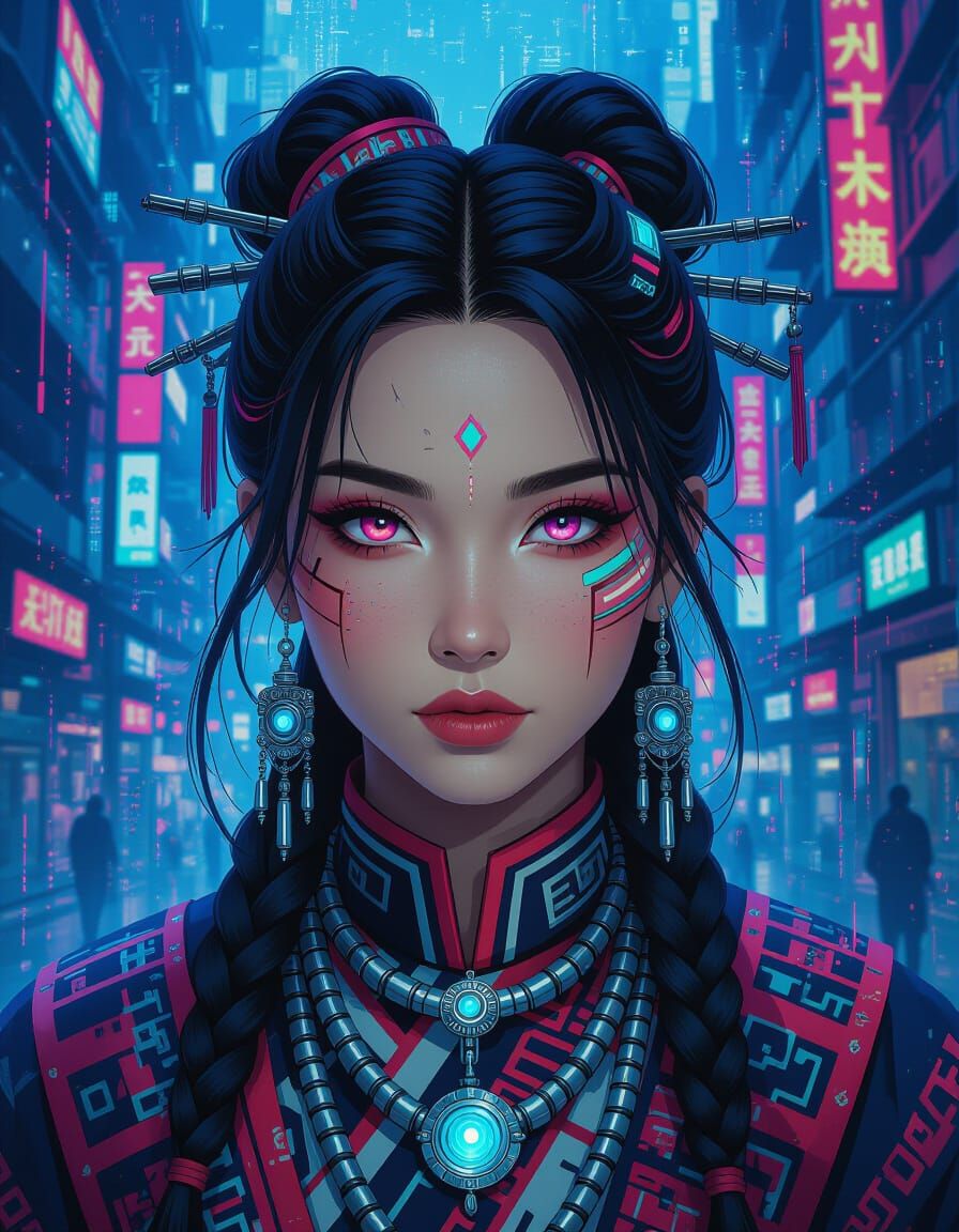 Cyberpunk Hmong Woman in Glitching Cityscape