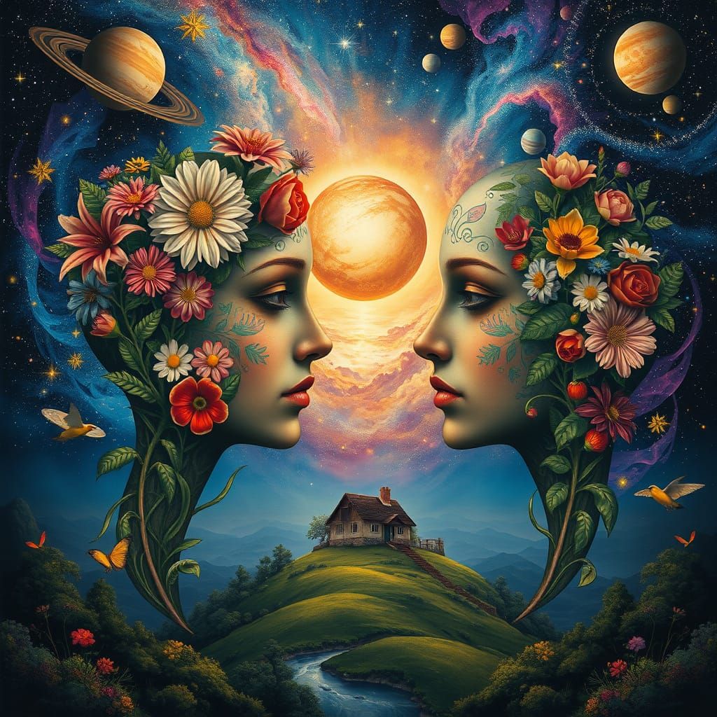 A surreal and vibrant artwork. It features two side profiles...