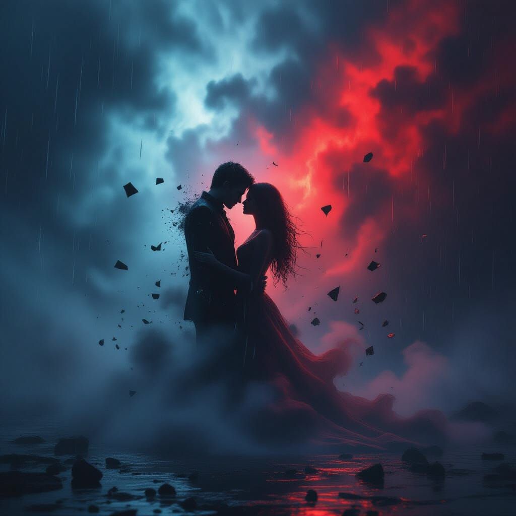 Surreal Heartbreak: Figure Dissolving into Smoke in Storm of...