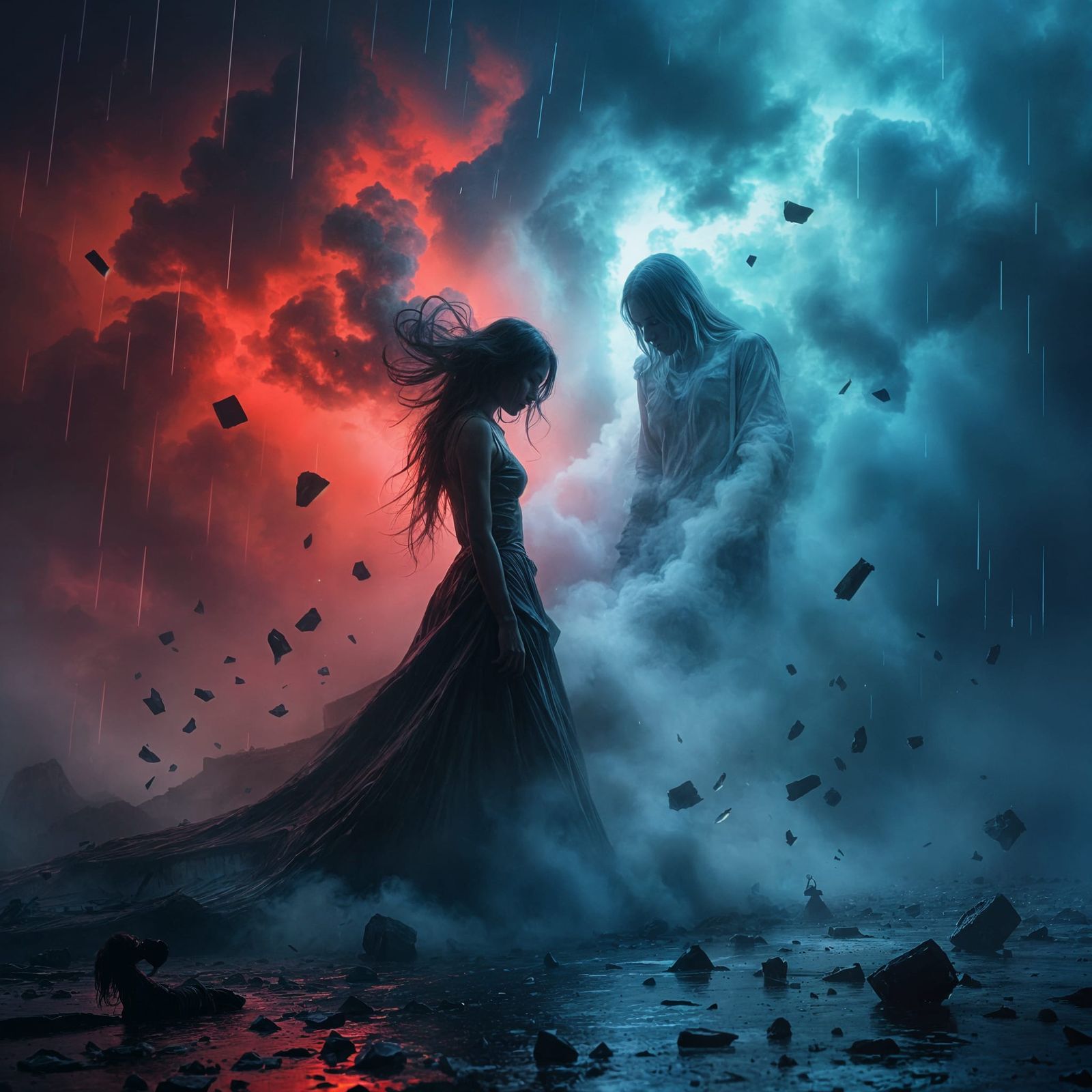 Figure Dissolving into Smoke as Lover Fades in Light