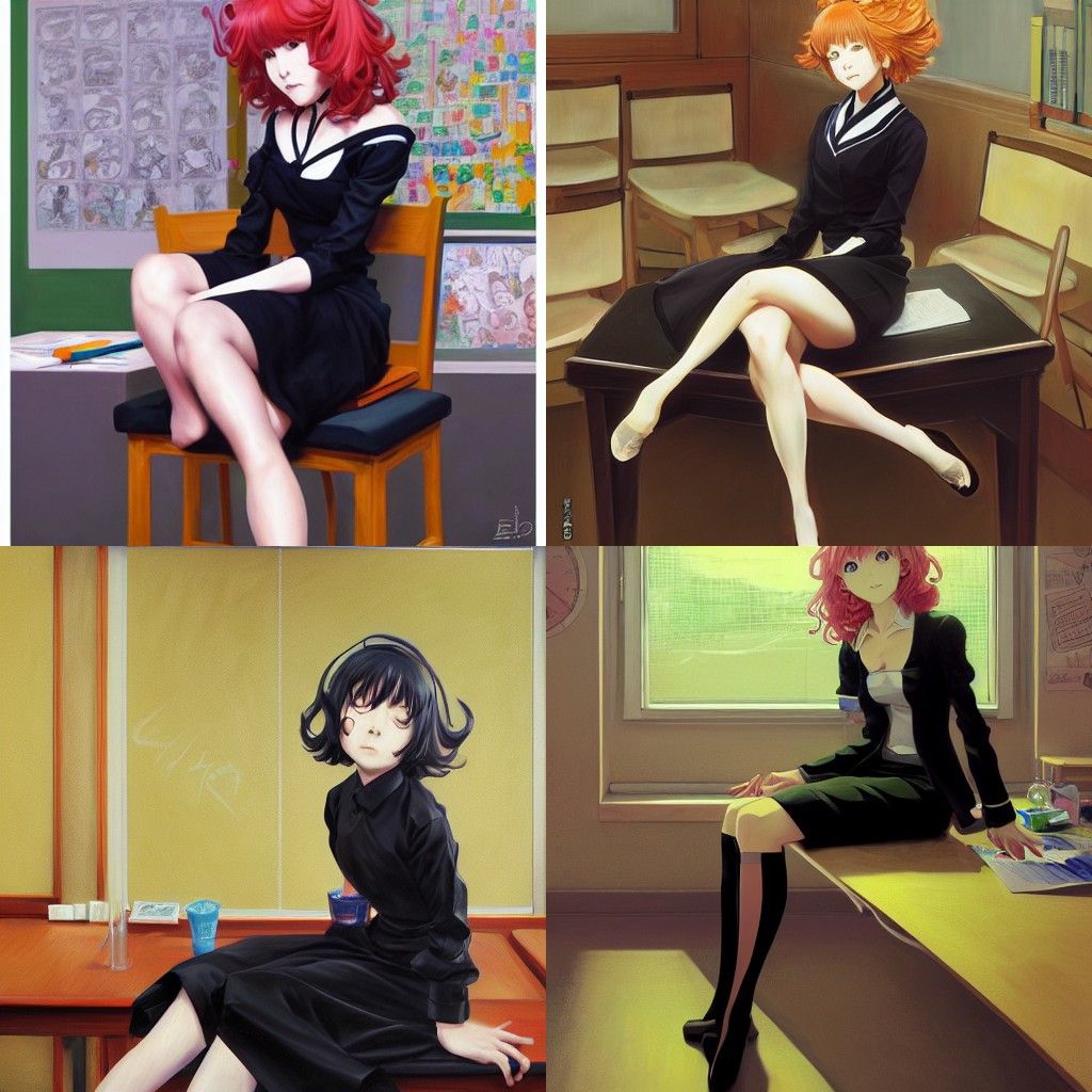 painting of Tatsumaki seated in k-on classroom by donato giancola and Eddie Mendoza, elegant, dynamic lighting, beautifu...