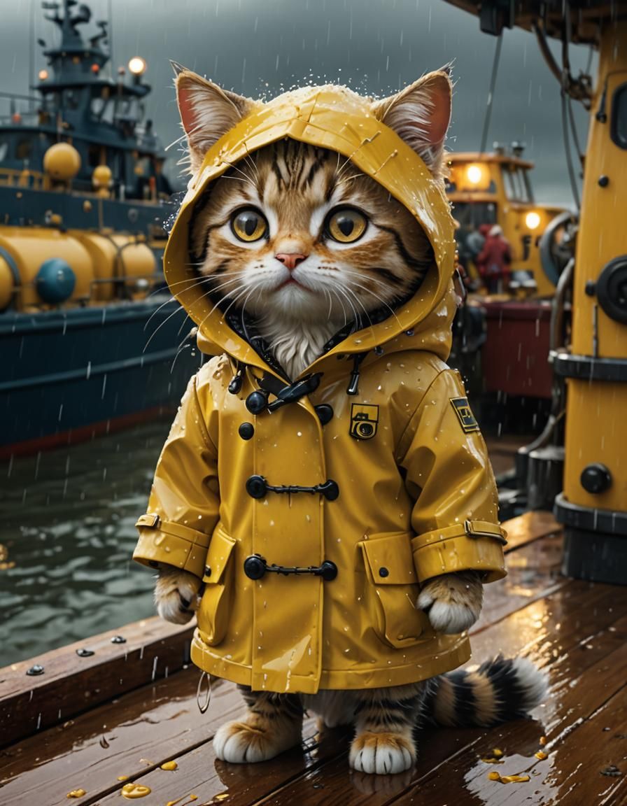 Chibi Cat in Yellow Coat on Trawler Deck During Storm