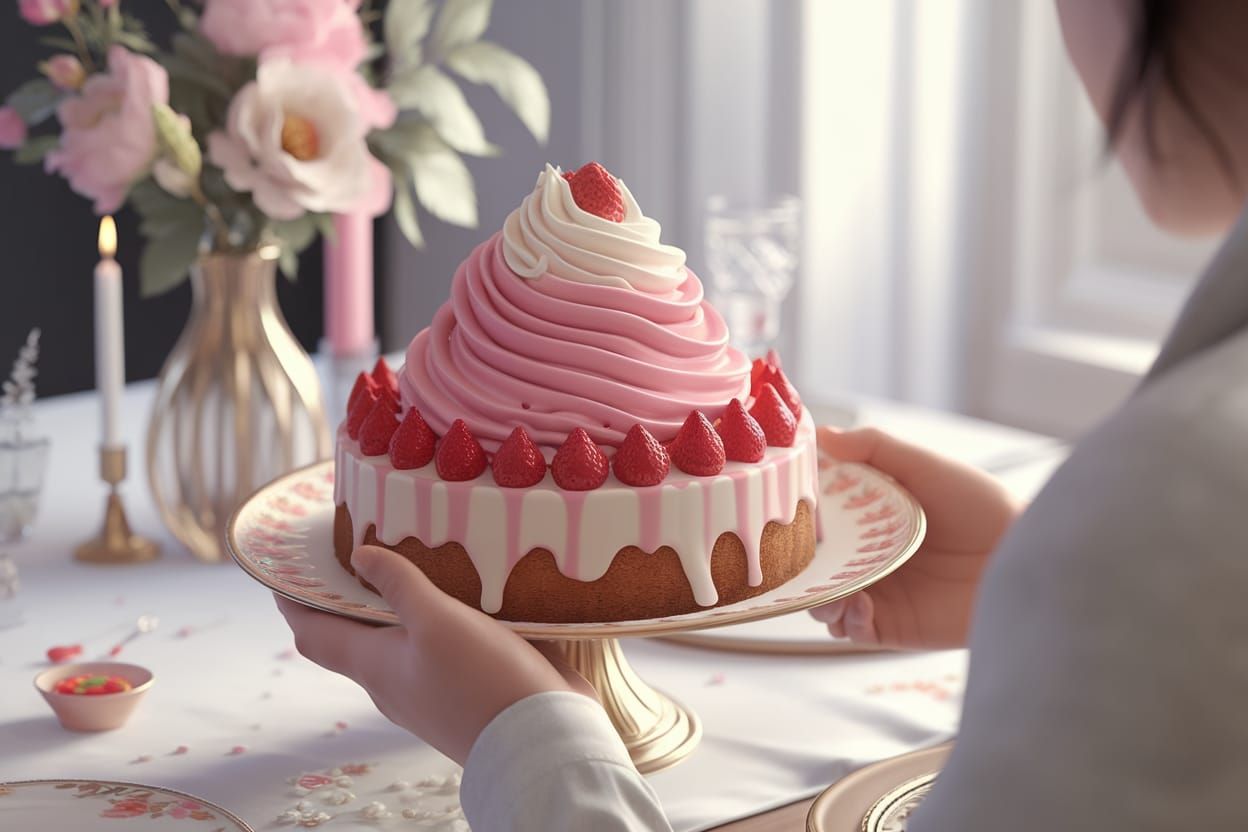 Strawberry Cake with Pink Icing in 3D Render