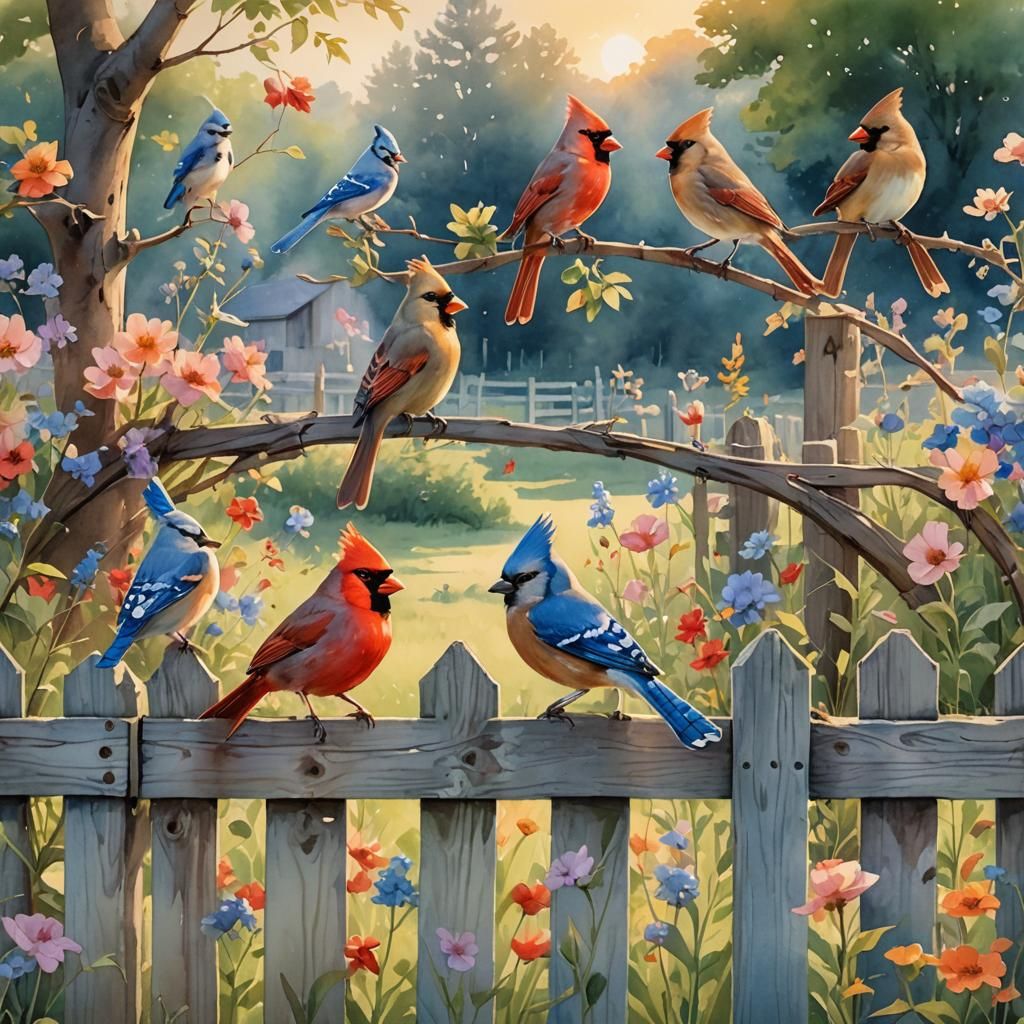 Vibrant Watercolor Cardinals and Blue Jays on Farm