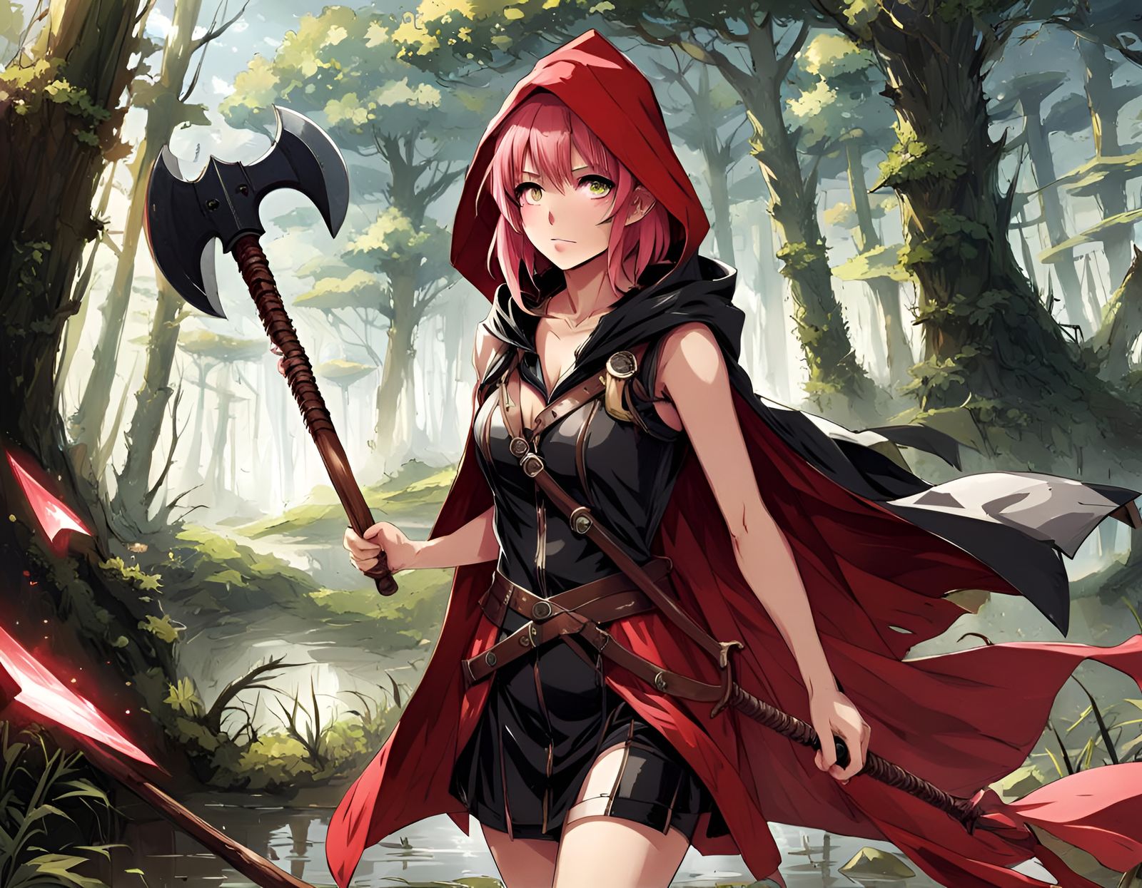 Anime Swamp Girl with Axe in Fantasy Style